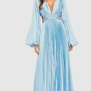 Mac Duggal Blue Long Sleeve Pleated Gown